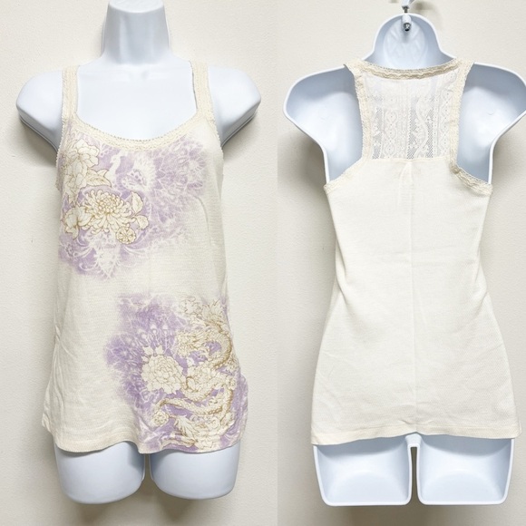 Lucky Tees Womens Cream Purple Lace Accent Dragon Lotus Flower Print Tank Size M - Picture 1 of 12